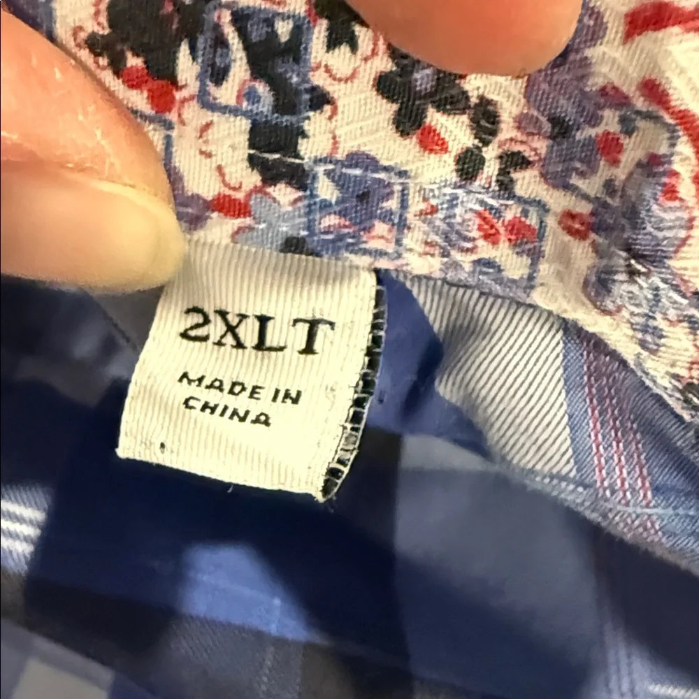 Robert Graham Blue White Plaid Button Down Cuff and Collar Accents Shirt 2 XLT